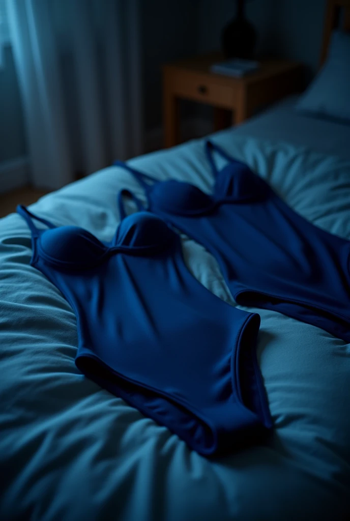 dark blue full body swimsuits on a bed with darker lighting