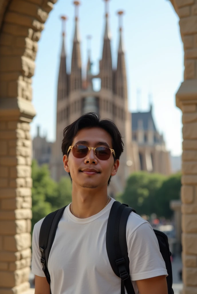 在 Barcelona Behind Gaudí聖家堂前的石牆上有一位大約30歲英俊的日本男人，Wear light tan sunglasses in casual wear. Charming Emotions,  Fine Face Detail )).  Take a picture in a pose in a relaxed mood . [ Barcelona ,Castle in the background , is a Gothic cathedral,  Cathedral in th...