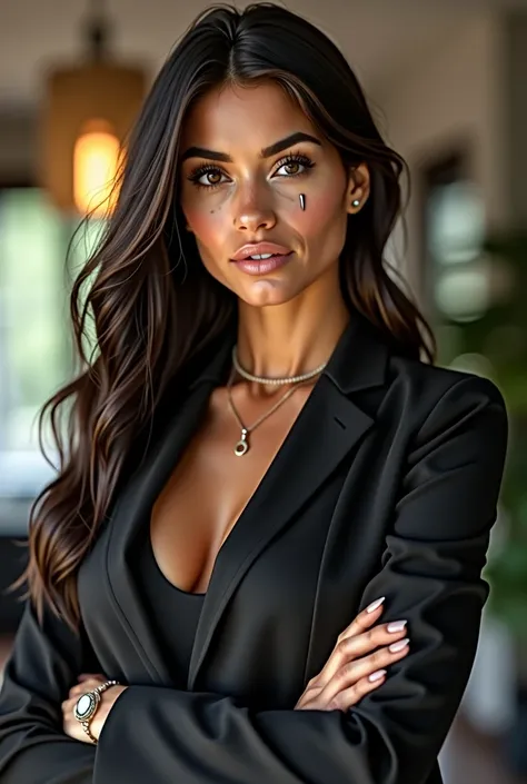  Young American woman in formal office wear,  tanned skin,  brown eyes,  long hair, pierced face 