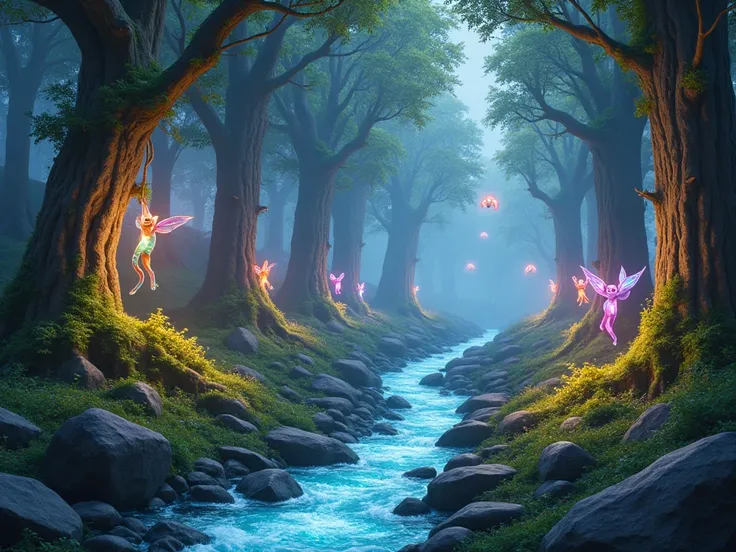 An enchanted forest with glowing trees, a crystal stream, and mythical creatures like tiny dragons.