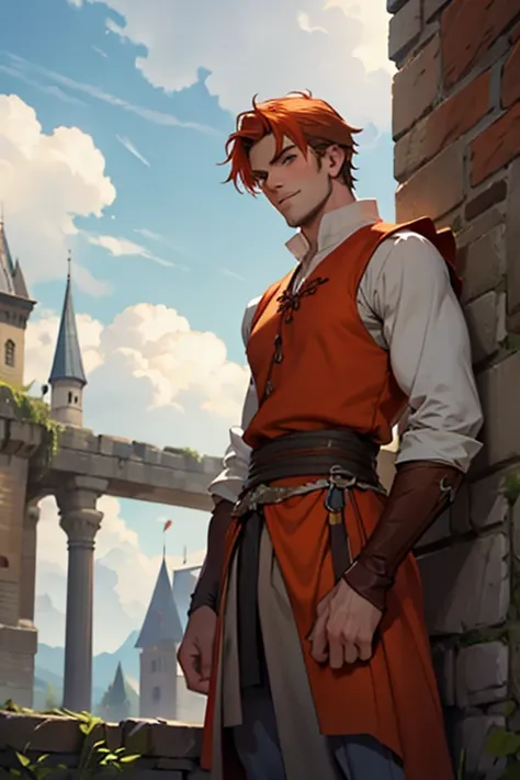 Photo-realistic. A pleased, tall, handsome, fit, 24-year-old Caucasian medieval prince, with short, fade-cut, burnt orange hair, and blue eyes, wearing a red and tan sleeveless tunic, with gray trousers, standing on a castle wall, looking out to the distan...