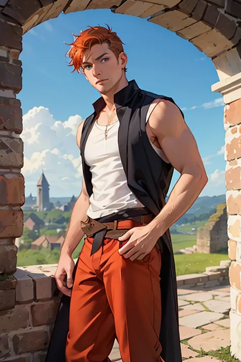 Photo-realistic. A pleased, tall, handsome, fit, 24-year-old Caucasian medieval prince, with short, fade-cut, burnt orange hair, and blue eyes, wearing a red and tan sleeveless tunic, with gray trousers, standing on a castle wall, looking out to the distan...