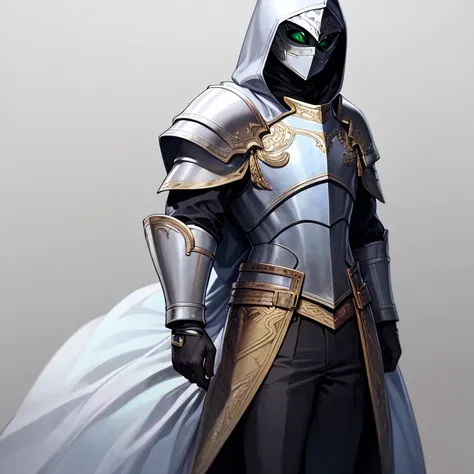  High resolution, quality,  simple background ,   boy, man, long suit with armor and skirt , hood, long gloves, Full white mask ,  the costume is white and gold,  white skin ,  green eyes, 