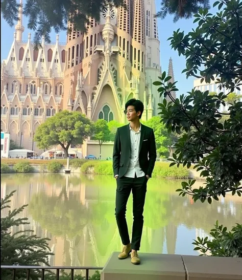 在 Barcelona Behind Gaudí聖家堂前的石牆上有一位大約30歲英俊的日本男人，Wear light tan sunglasses in casual wear. Charming Emotions,  Fine Face Detail )).  Take a picture in a pose in a relaxed mood . [ Barcelona ,Castle in the background , is a Gothic cathedral,  Cathedral in th...