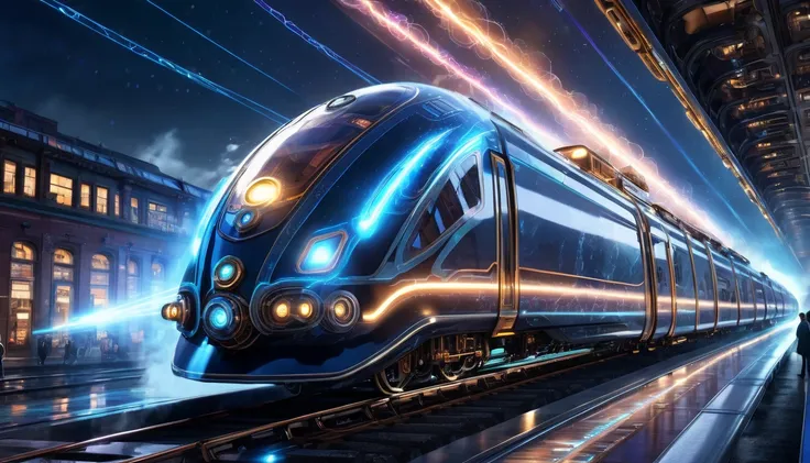 fast sci-fi train, time-traveling train, exiting from time wormhole, lightnings, sparkles, glowing lights, futuristic machine to travel in time, highly detailed, cinematic angle, dramatic lighting, hyper-realistic, 8K, photorealistic, intricate details, st...