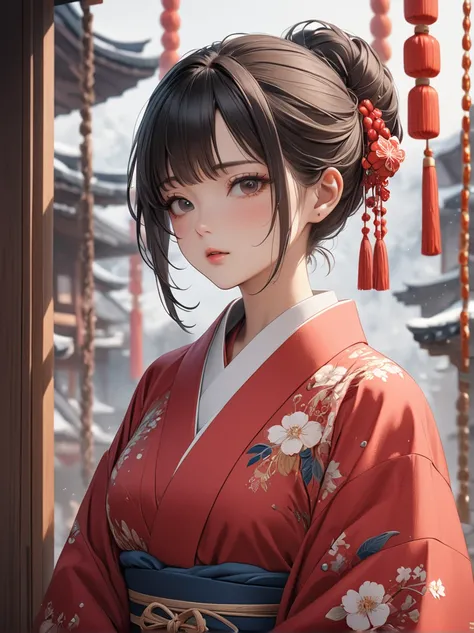 1 girl, masterpiece,   kimono、New Year、Full body shot 、  upper body shot、highest quality, 8k, fine skin texture, fine cloth texture, beautiful detailed face, intricate details, Super detailed, ), Look at the upper body, 