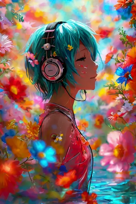  Hatsune Miku enjoys listening to music 、 headphones、 Hatsune Miku is closing her eyes 、A colorful world where various flowers bloom profusely behind、In the center（tell　YOUR　WORLD）The letters 　It floats in the background as if drawing a circle（With a pop f...