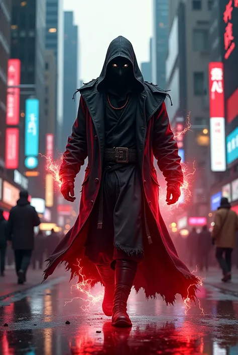 A villainous ninja infected with red radiation walking in the middle of the street in the city center, Ultra HD quality, best quality, high quality, realistic quality, sharp, ultra-realistic and realistic, best quality, city center scenery.