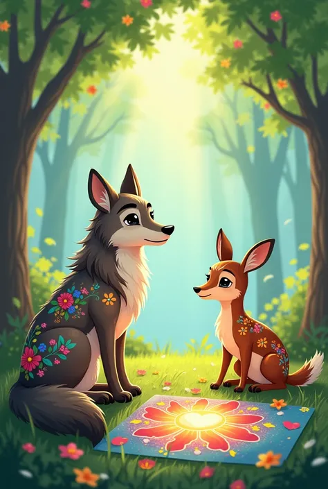  Create in a cartoon and magical style a drawing of a wolf is seated ,  your fur decorated with vibrant patterns of flowers and painted leaves . by your side,  a deer with paint stains the two observe a picture painted on the ground  .  The clearing is ill...