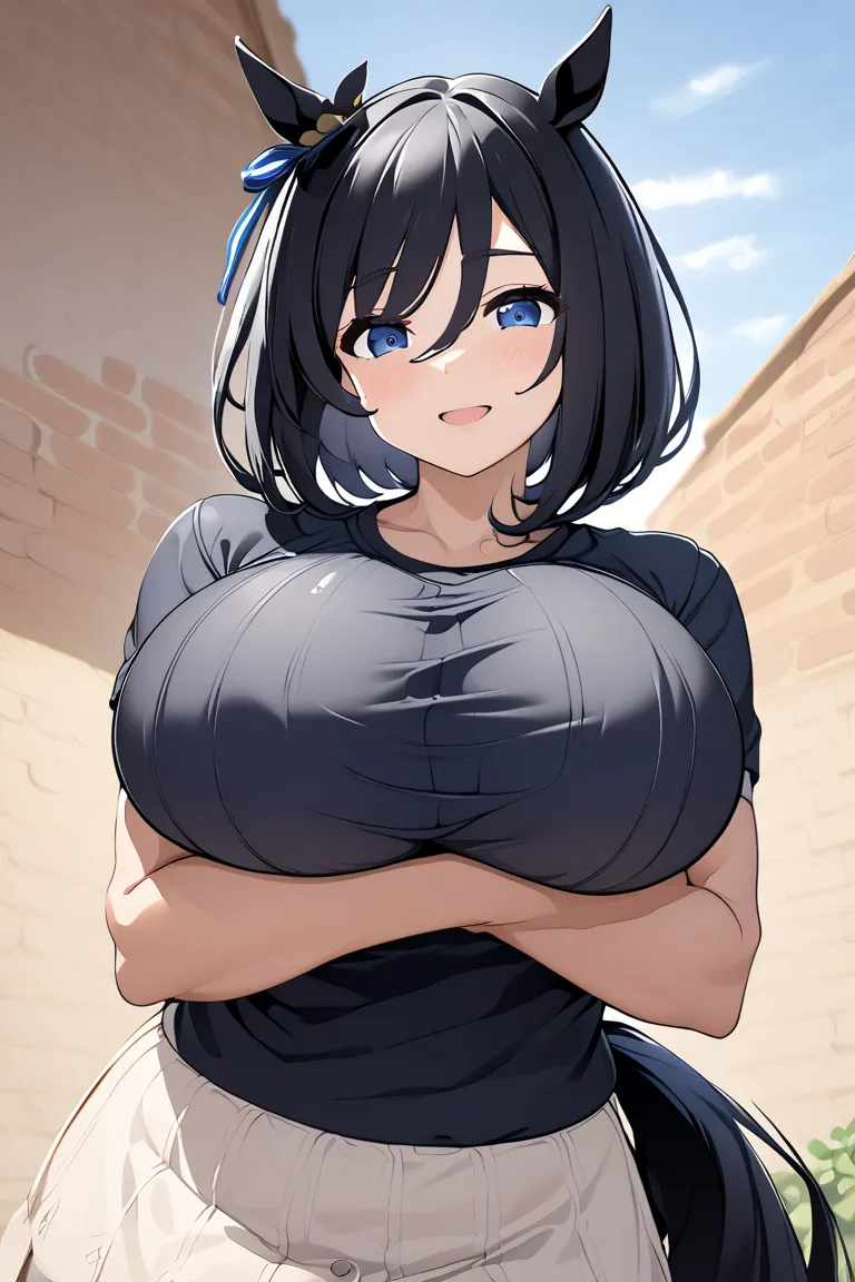 huge boobs from afar, alone,  shiny hair,   tight sweaters， embarrassed ,smile， has an open mouth， chest emphasis ， horse tail, ...