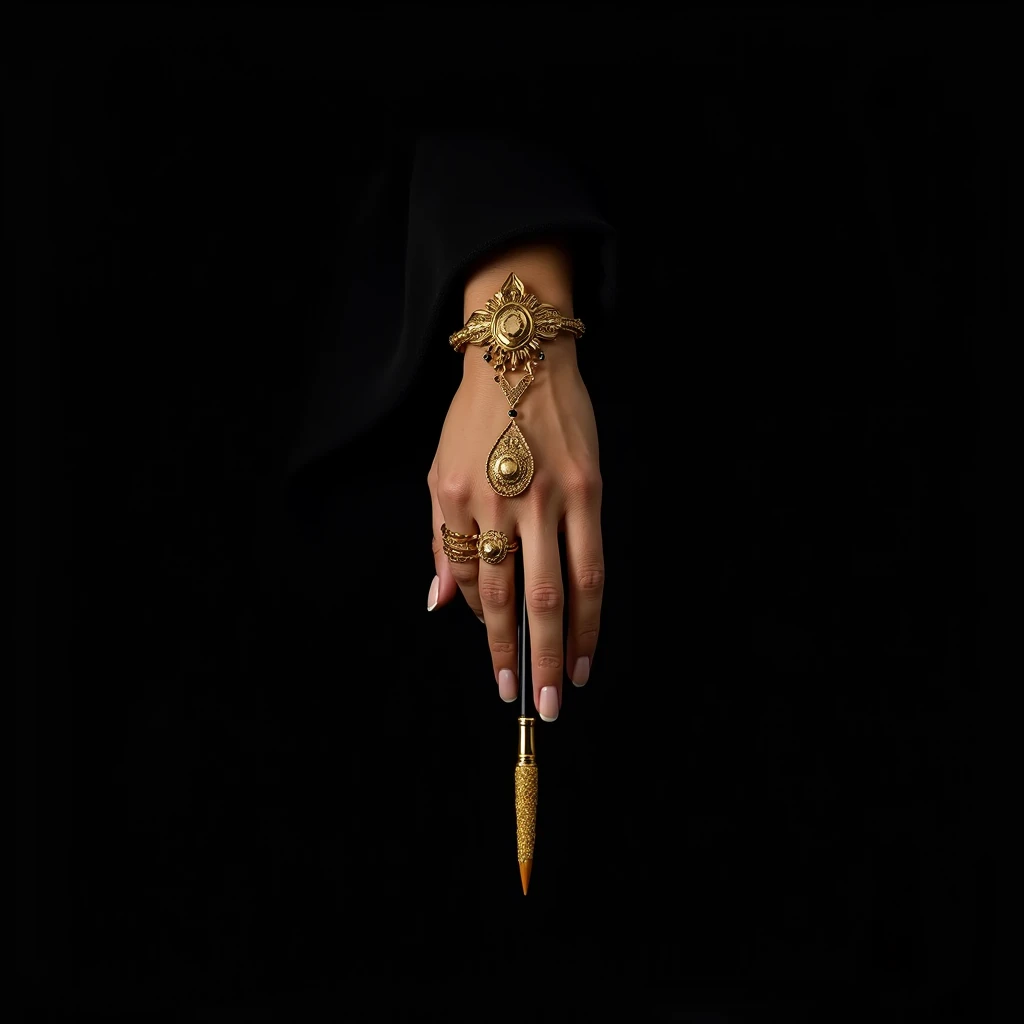 Black minimalistic background in the center of a woman’s hand with fingers that stretches to the bottom of the lowest horizontal line, with gold jewelry and rings from Egypt, gold shiny glitter on the brush, which is covered in gold paint, good quality, go...