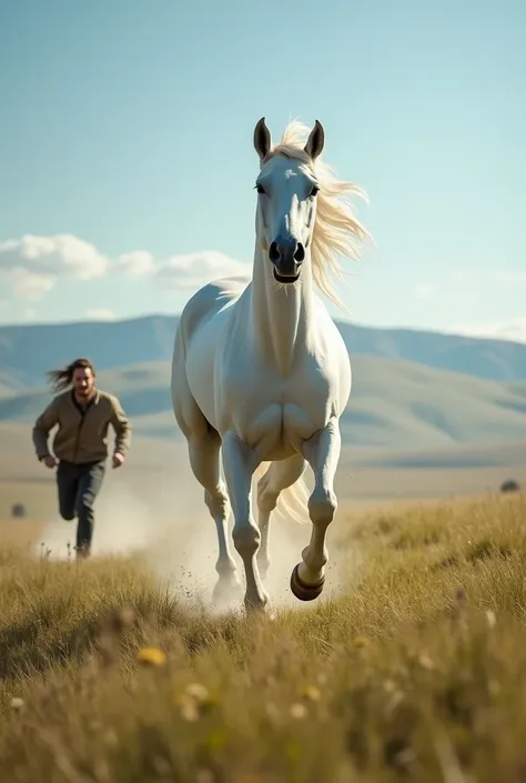 A white horse galloping and a person running to catch it