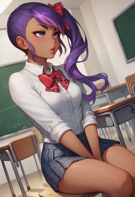 work of art, best qualityer, extremely detaild,dutch angle, アニメ,Suéter schoolyardr grande、plaid plaid skirt,skin tanned,15year old ,dark skin tiny body,smallbreast,baby face,hand between legs,break,multicolored dark purple hair,side ponytail,short hair wit...