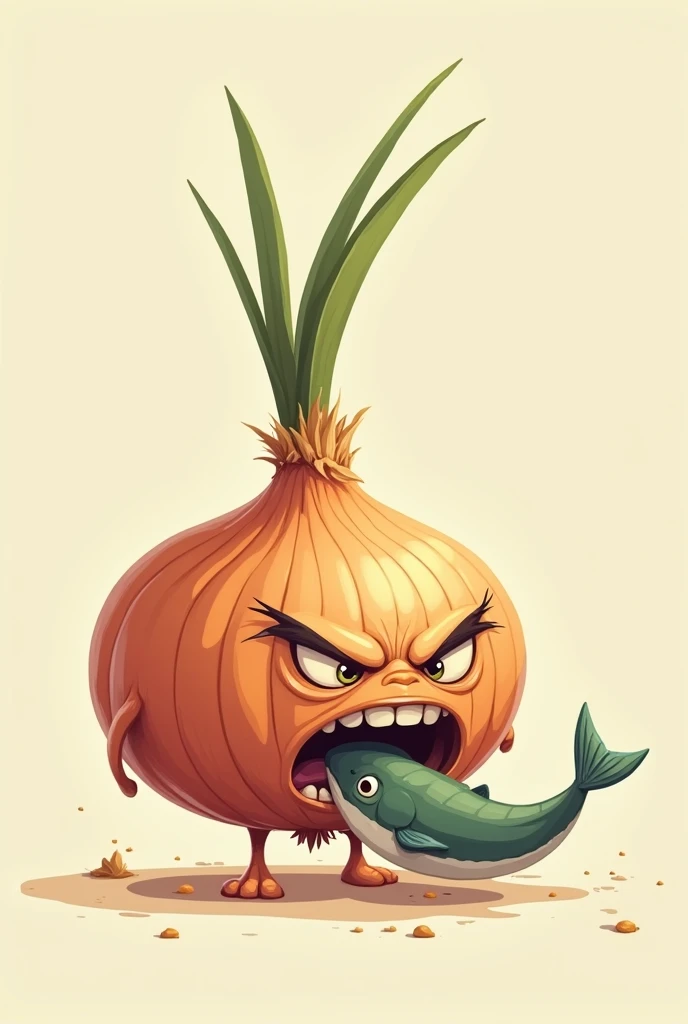 An angry onion standing while biting a fish as a cartoon