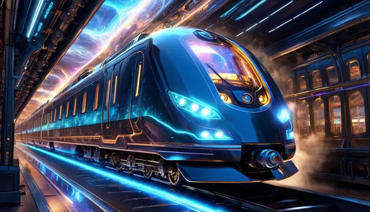 fast sci-fi train, time-traveling train, exiting from time wormhole, ride without rails, lightnings, sparkles, glowing lights, futuristic machine to travel in time, highly detailed, cinematic angle, dramatic lighting, hyper-realistic, 8K, photorealistic, i...