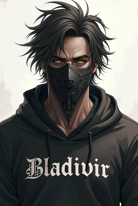  Create a game character , masculine,  messy hair plus combed for the left side,  dark skin tone ,  with Angelic mouth mask, natural eyes , legendary skin, With the name Bladimir on the shirt , form of image drawing 