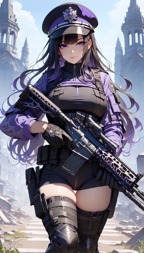 ultra-detailed, 1girl, komi_shouko, ((masterpiece)), (best quality), (highres), 16K, perfect face, purple eyes, long hair, black hair, bangs, hat, wearing tactical clothes, wearing black panties, black gloves, tactical belt, thigh boots, busty body, large ...