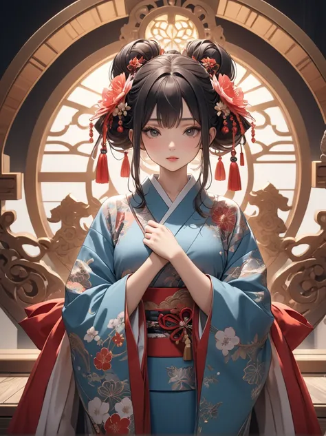 1 girl, masterpiece,   kimono、New Year、Full body shot 、  upper body shot、highest quality, 8k, fine skin texture, fine cloth texture, beautiful detailed face, intricate details, Super detailed, ), Look at the upper body, 