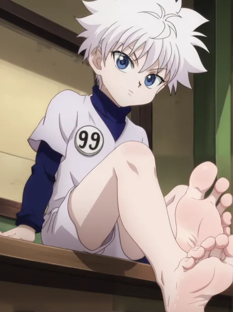 Score_9, score_8_up, source_anime, 1boy, Killua Zoldyck, big eyes, alone, looking at viewer, in his room, sitting on the ground, cowboy shot, ANIME SCREENCAP, anime coloring, barefoot, perfect feet, anatomically correct, soles, low angle, focal length 35mm...