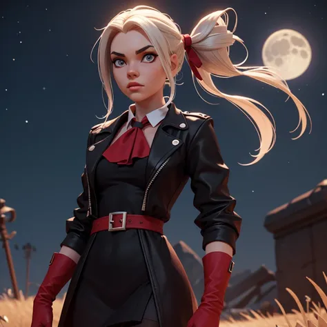 photo of edelgard_academy, hair ribbon, black jacket, black dress, ascot, red pantyhose, white gloves, high heels, walking on battlefield, moonligth, full moon, young, teen, (skinny), small , petite, 1 girl, (((3d, video game))),masterpiece, best quality, ...