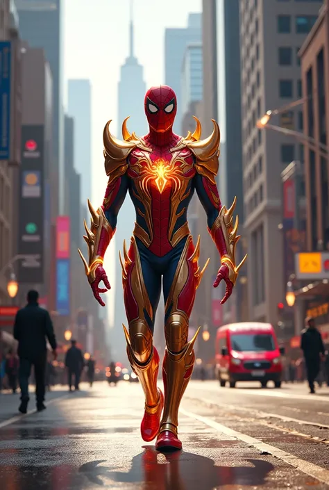 Spiderman wearing celestial armor walking in the middle of the street in the city center, Ultra HD quality, best quality, high quality, realistic quality, sharp, ultra-realistic and realistic, best quality, city center scenery.