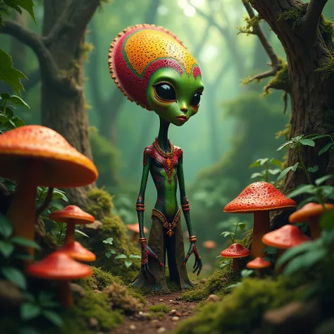 Create a Martian in a forest in the colors of Rasta with mushrooms