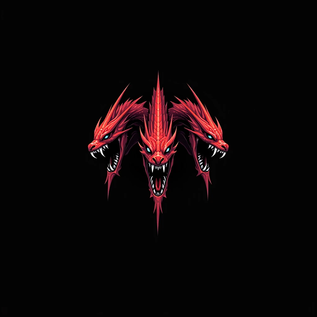 Logo. A crimson creepy three-headed hydra on a black background. Minimalism.