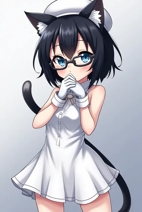  Anime girl is short, Short black hair( she is a cat girl )  short white dress,  white gloves,  white tights ,.  the hat is also white , medical glasses .  blue eyes. serious look 