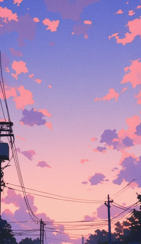 "A serene evening sky with shades of pink and purple, scattered with soft clouds. The silhouette of a utility pole and power lines is prominently featured in the foreground, adding a sense of quiet urban life. The overall atmosphere is calm and nostalgic, ...