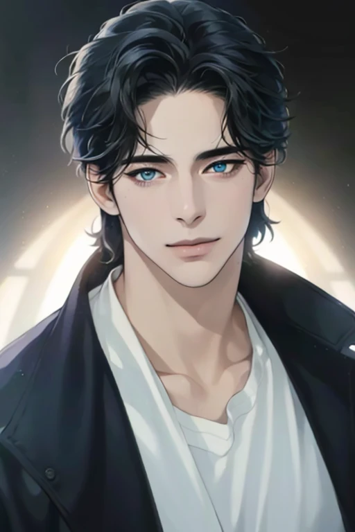 a handsome 35 year old man, 3 day beard, dark hair, sharp jawline, mesmerizing blue eyes, perfectly styled hair, wearing cool anime outfit, confident expression, vibrant colors, dynamic lighting, CEO, expression, smile in love, (best quality,4k,8k,highres,...