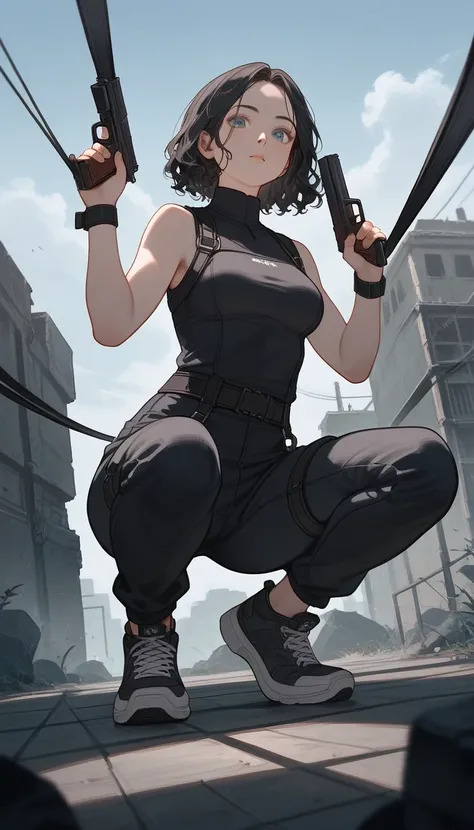 from below, (((squats))), full body, thighs, wide hips, score_9, score_8_up, score_7_up, (solo), 1girl, blue eyes, wavy hair, forehead, bob hair, black hair, (((hands))), high neck sleeveless top, fingers, medium breast, sneakers, ((pose)), (black wide pan...