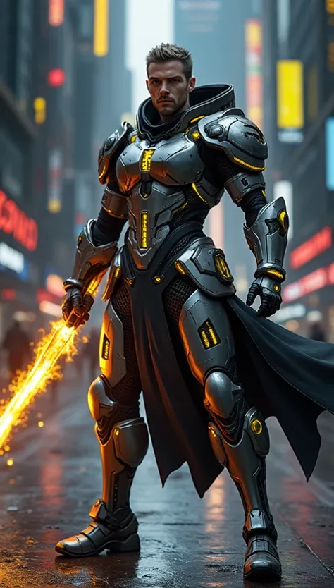 Create man/ with light armor/ Mecha/ Hi Tech/ cyberpunk/ black color/  Detail in gold and yellow/ Fire sword in hand / Hong Kong background /Warrior/ realistic 8K/ high definition/ hero