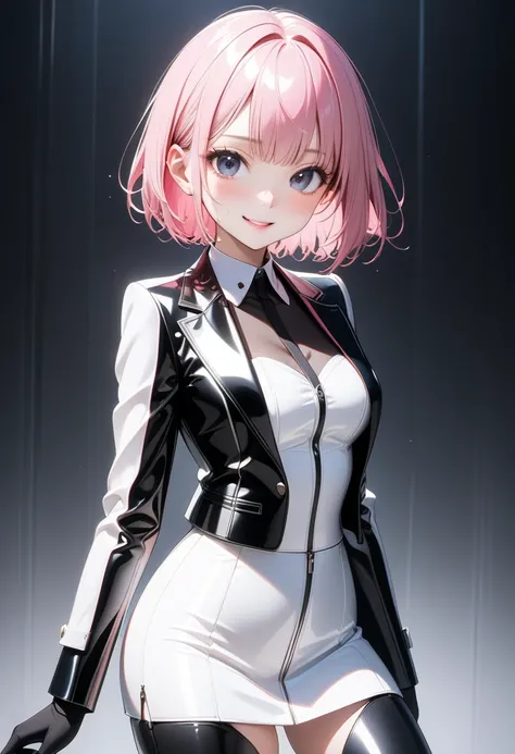 (((skirt suit), black cropped jacket, white bustier, skirt a latex, thigh boots)), Shiny Costumes, ((skindentation)), skinny, alone, solo, Masterpiece, highest quality, highest quality, 16K, incredibly absurd, highly detailed, 2.5D, ai-generated, delicate ...