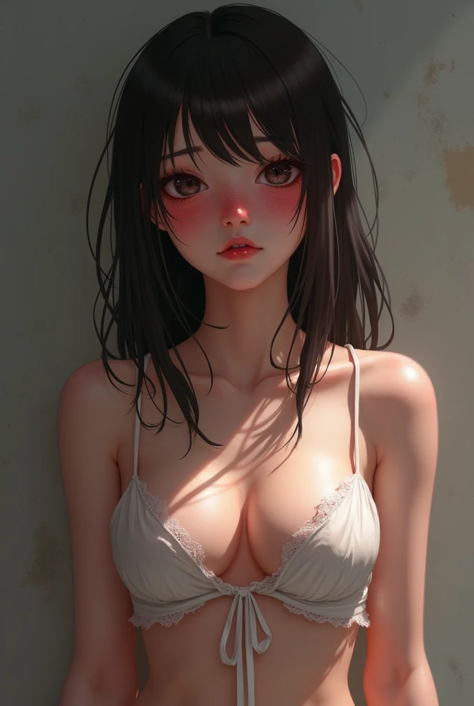 15-year-old cute girl, low-cut crop top, cleavage, red face, sweaty face, fever eyes