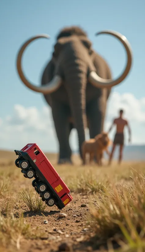 Primitive Plains 、blue sky、 A long train toy is falling to the ground in front of the screen、 plastic train toy 、small train toy 、cheap train toy、( train toy)、At the back of the screen, primitive man hunting mammoths 、Close up of a giant mammoth 、(from bel...