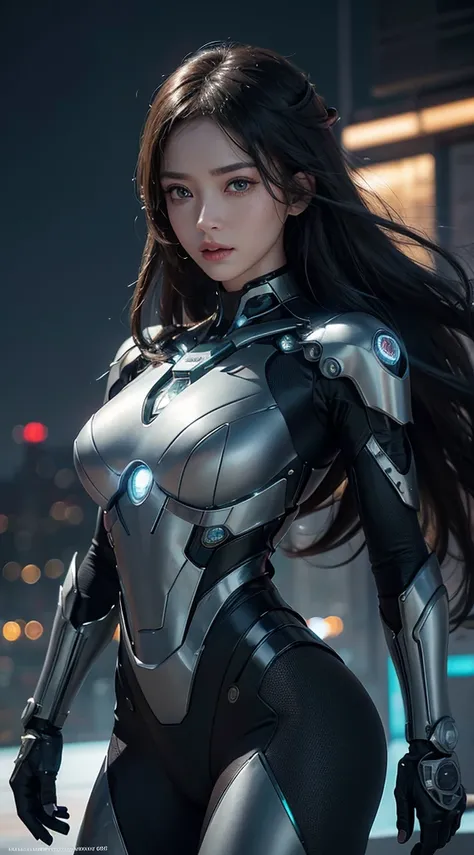 closeup,Future mechanical girl, shining metal ,Shining action,ethereal,Future Technology,Advanced artificial intelligence,Neon-lit cityscape,Metal exoskeleton,Highly detailed facial features,Glowing eyes,Crafted synthetic skin,Luxury futuristic fashion,Sus...