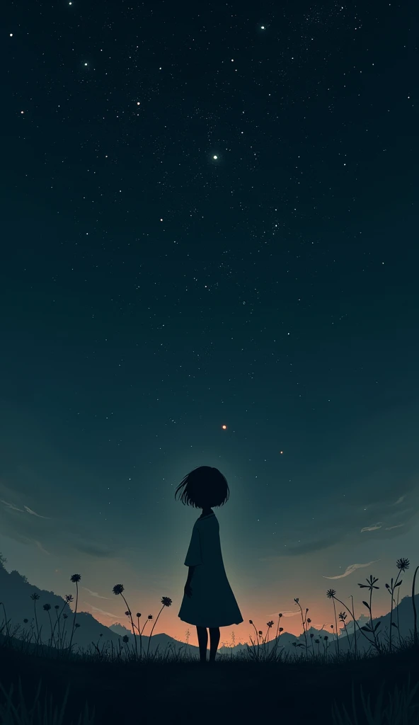 Stand a  girl alone in night sky