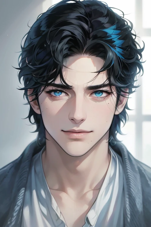 a handsome 35 year old man, 3 day beard, dark hair, sharp jawline, mesmerizing blue eyes, perfectly styled hair, wearing cool anime outfit, confident expression, vibrant colors, dynamic lighting, CEO, expression, smile in love, (best quality,4k,8k,highres,...