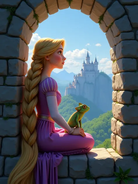 rapunzel,  sitting in the window of his tower ,  looking at the horizon, View from outside the tower ,  above the mountains are the lights,  holds Pascal in his hand .