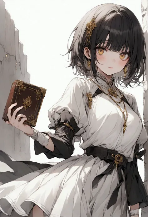 black short hair,  golden eyes , A gloomy beauty , 160cm, White top ,  White skirt , timid expression ,  is holding a book in one hand.