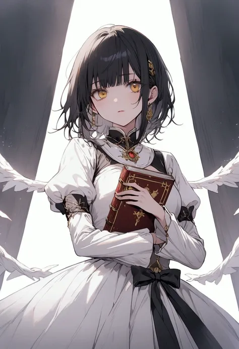 black short hair,  golden eyes , A gloomy beauty , 160cm, White top ,  White skirt , timid expression ,  is holding a book in one hand.