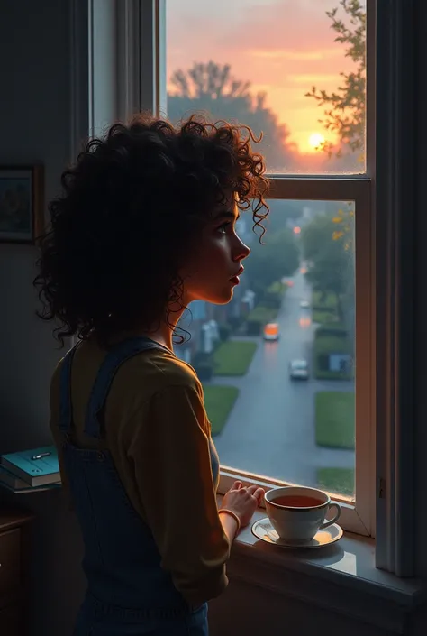 Curly headed girl waiting for boyfriend to come back from work and watching his path through the window