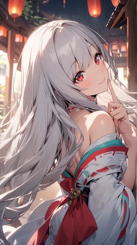 ( best quality, ),  beautiful woman ( red eyes、 Silver Hair), elements、Shrine maiden， well-groomed face from a sense of distance、 perfect finger(Beautiful hands and fingers)A confident smile、( close one eye、 winks、Looking up)、solo,  long hair, chest,  turn...