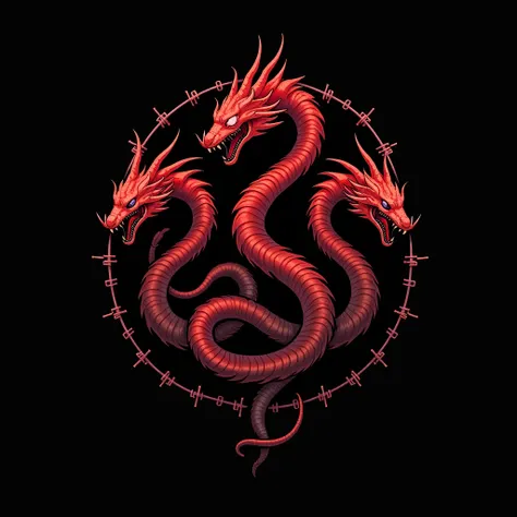 Logo. A crimson creepy three-headed hydra on a black background.It is decorated with barbed wire. Militarism. Minimalism.