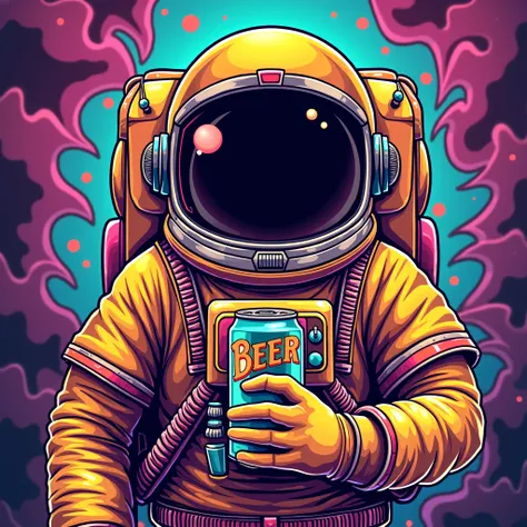 Very psychedelic and vibrant holding a beer astronaut like a label with background very psychedelic very colorful