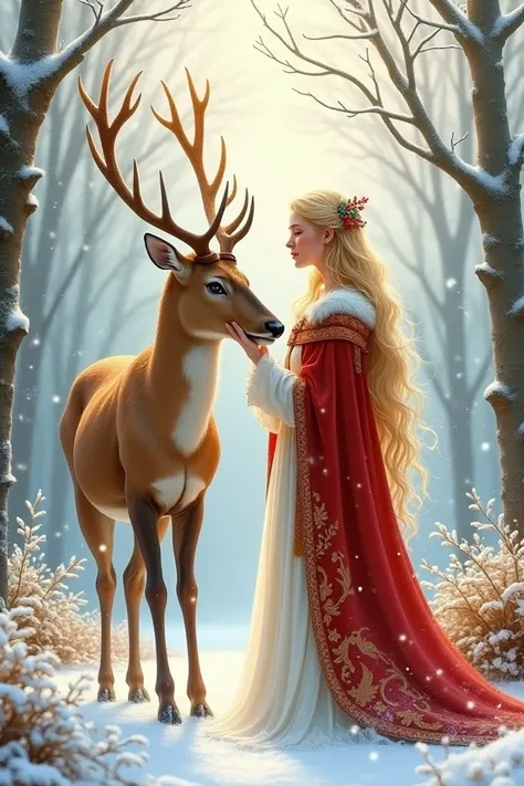  a realistic highly detailed watercolour image of a heartwarming winter scene featuring a beautiful woman with long blonde hair, adorned with berries and leaves, dressed in a long white dress, a red and gold cloak, stroking a majestic stag in the snow, wit...