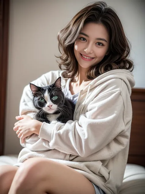 girl, curls,  big eyes,  White Oversized Hoodie, Hug a black and white cat, ( Smile:1.3), (Realistic photos:1.2), ( Super Realistic :1.3), ( very detailed:1.1), ((masterpiece)),