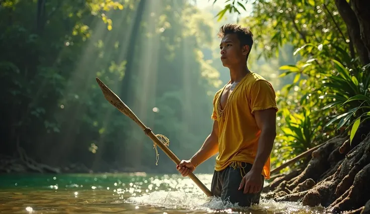 ((ultra-realistic photo)) A handsome 25-year-old Indonesian man with a chiseled, athletic physique walks along the edge of a jungle river, holding a sharp bamboo spear in his hand. He wears a torn yellow t-shirt, the frayed fabric revealing hints of his mu...