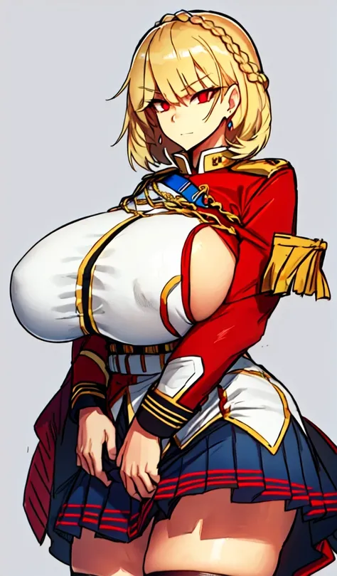 (Matte texture), (cowboy shot:1.1), 1 woman, (blonde hair), (short bob), (red eyes), (long eyelashes:1.1), (sharp eyes), (detailed eyes:1.1), (sensual body),  (gigantic breasts:1.5), (thick thigh:1.3), (wide hip), (military uniform, pleated skirt), (simple...