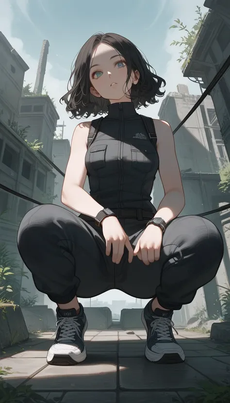 from below, (((squats))), full body, thighs, wide hips, score_9, score_8_up, score_7_up, (solo), 1girl, blue eyes, wavy hair, forehead, bob hair, black hair, (((hands))), high neck sleeveless top, fingers, medium breast, sneakers, ((pose)), (black wide pan...